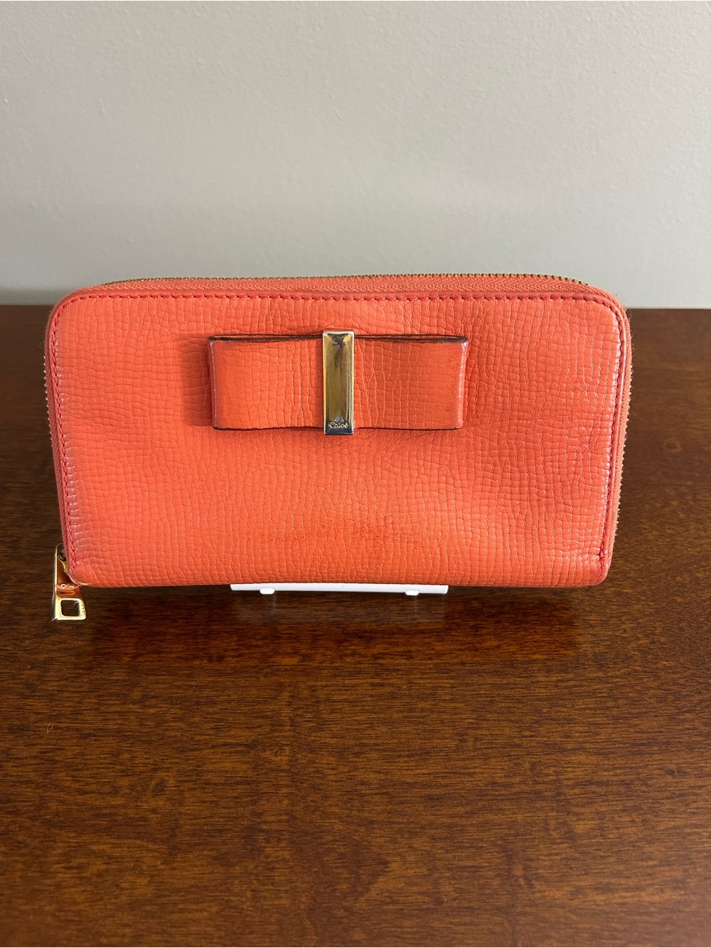 Authentic Chloé Zip-Around Bow Long Wallet - coral/salmon color